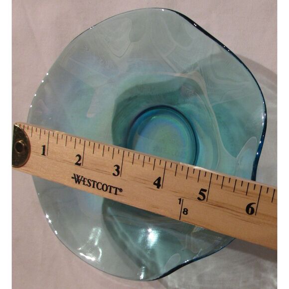 Blue iridescent glass dish saucer trinket dish ruffled edge 6" - Picture 4 of 5